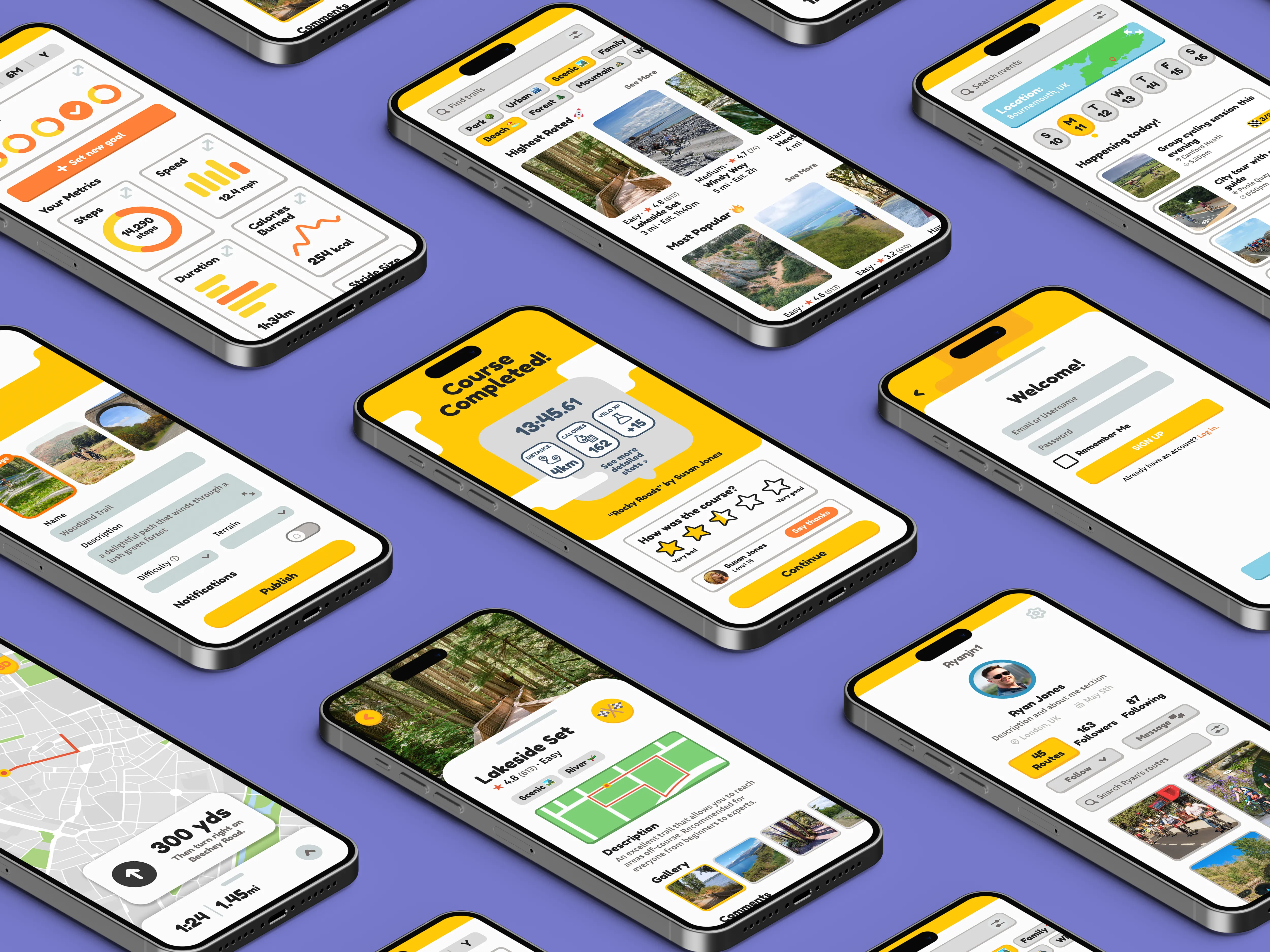Velo app UI screens displayed in phone grid