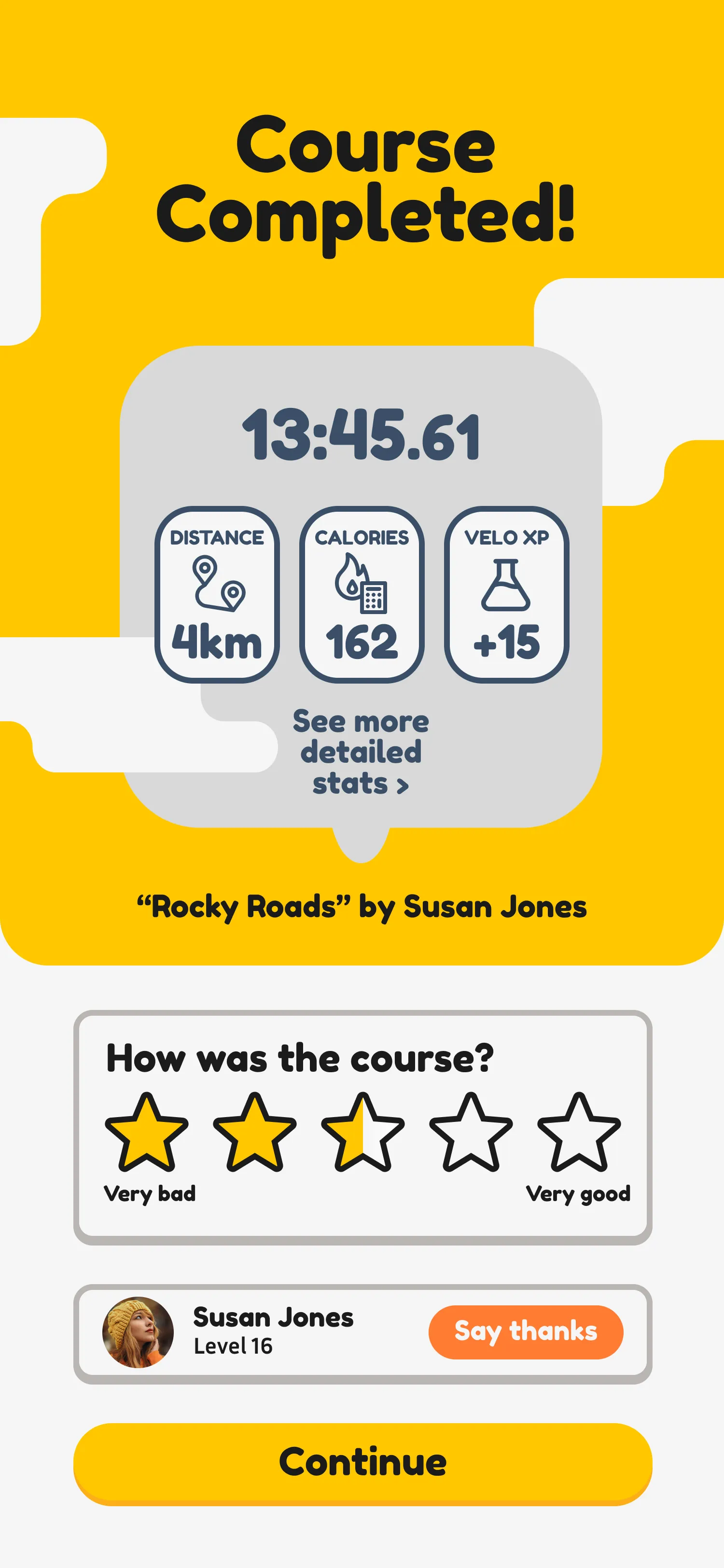 Velo app course complete screen