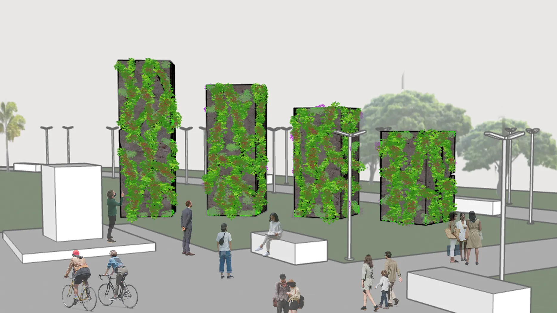 Concrete art installation with foliage