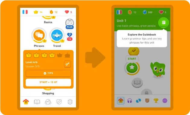 Duolingo app UI reference for Velo